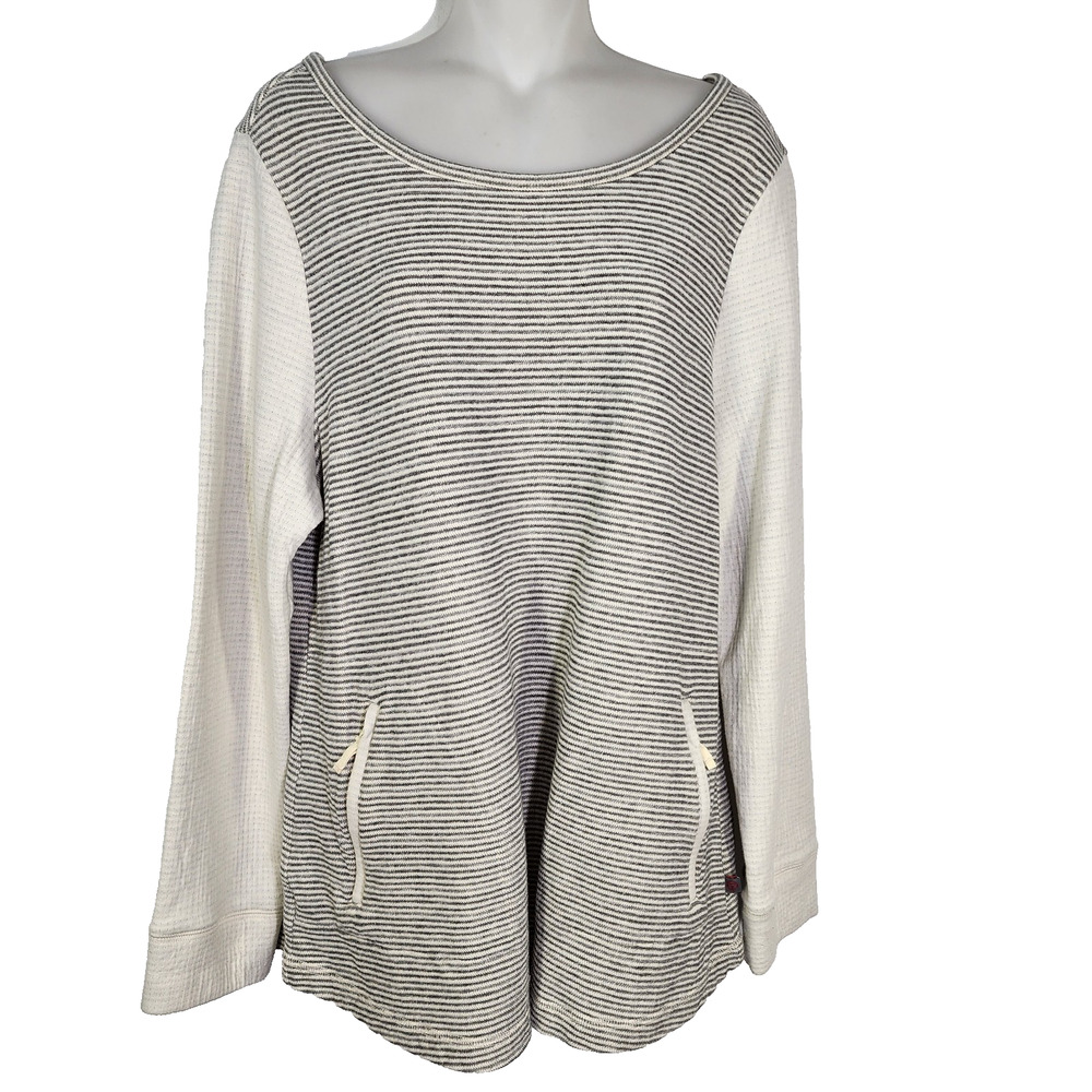 T by Talbots Sweatshirt Womens Large Ivory Gray Stripe Zip Pockets Cotton Knit